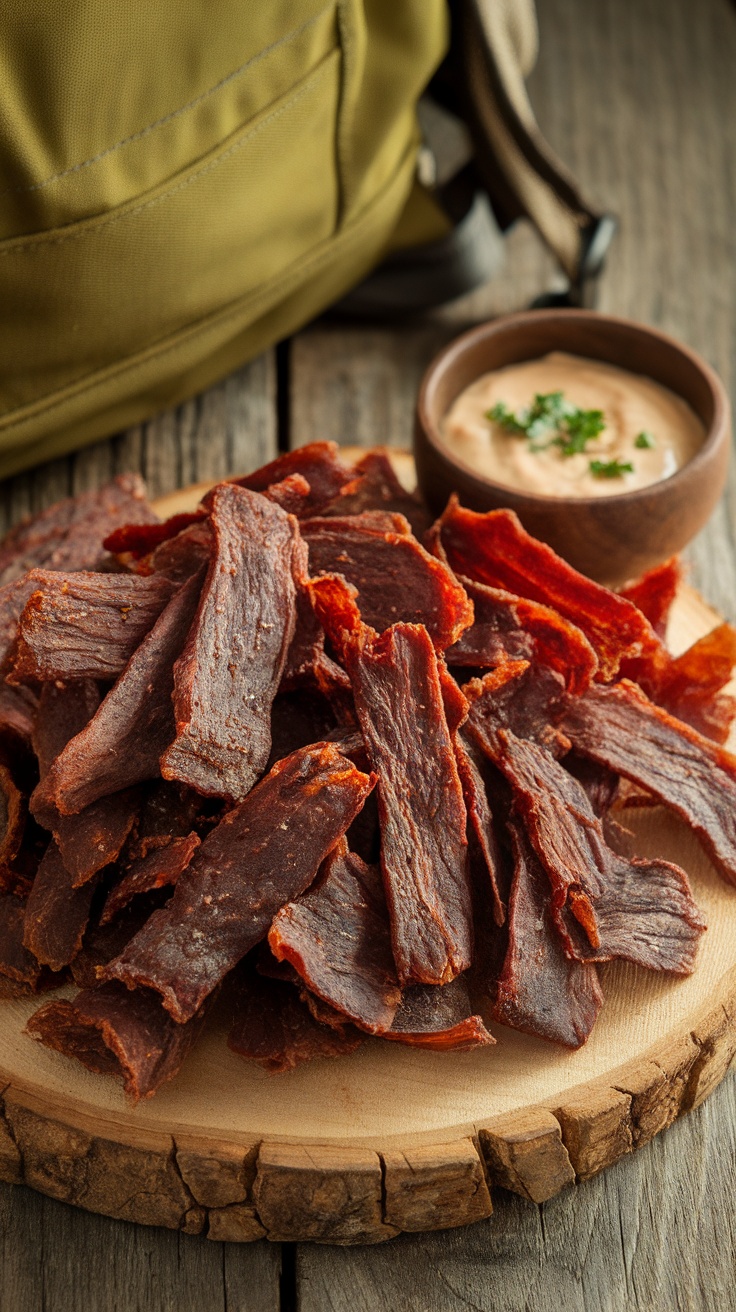 Homemade beef jerky on a wooden table with backpack and dipping sauce, highlighting outdoor adventure.